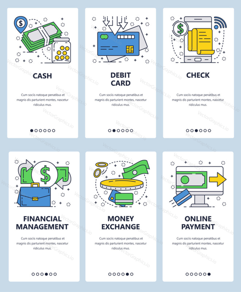 Vector web site linear art onboarding screens template. Business and finance icons. Money transfer and online credit card payments. Menu banners for website and mobile app development.
