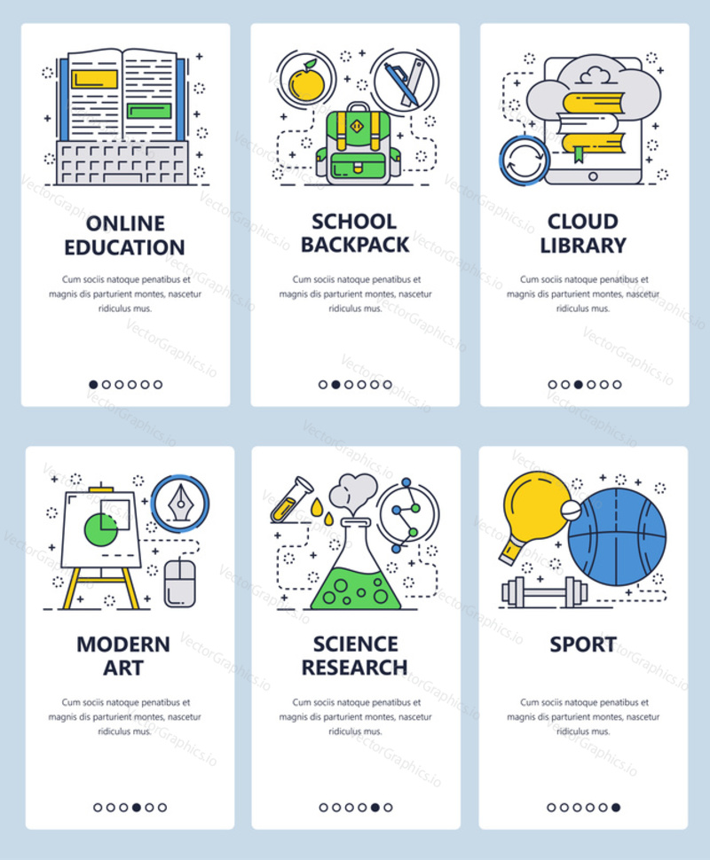 Vector web site linear art onboarding screens template. Online school education, cloud library, art, sport and science research. Menu banners for website and mobile app development.