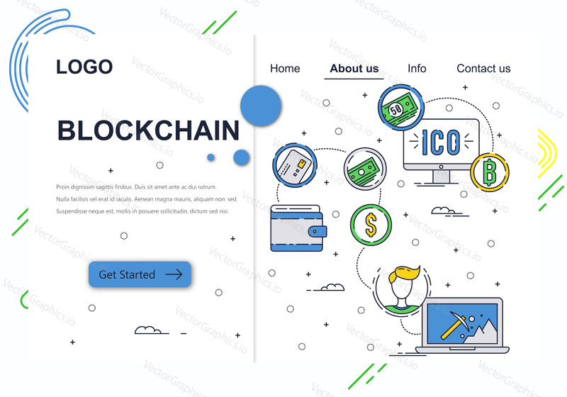 Vector web site linear art design template. Blockchain technology and bitcoin cryptocurrency. ICO and crypto mining. Landing page concepts for website and mobile development. Modern flat illustration