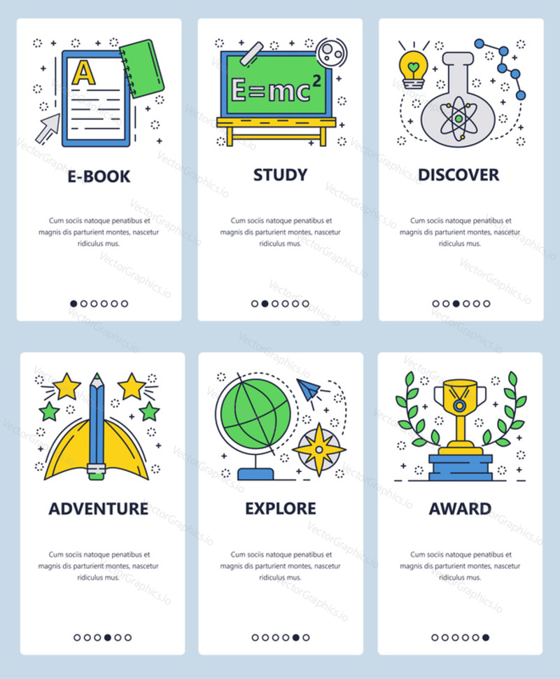 Vector web site linear art onboarding screens template. School education and electronic books. Adventure and exploration the world. Menu banners for website and mobile app development.