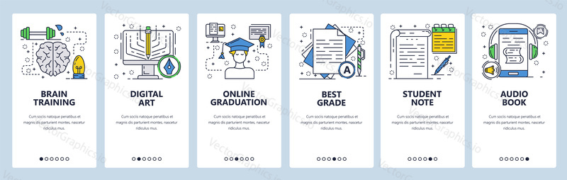 Vector web site linear art onboarding screens template. Online school education and brain training. Menu banners for website and mobile app development.