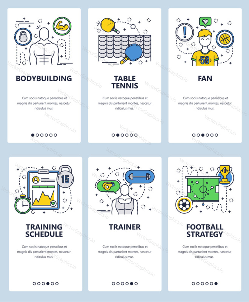 Vector web site linear art onboarding screens template. Sport and fitness. Bodybuilding and football trainer. Menu banners for website and mobile app development.