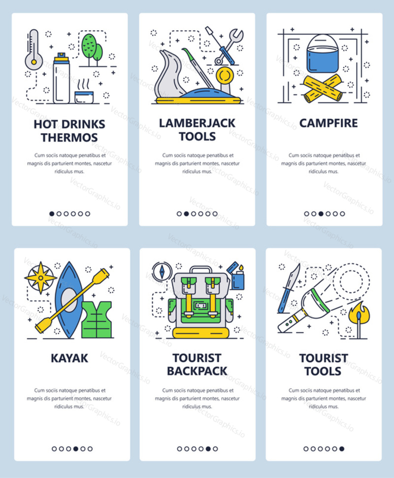 Vector web site linear art onboarding screens template. Outdoor camping tools. Kayak, campfire, backpack. Menu banners for website and mobile app development