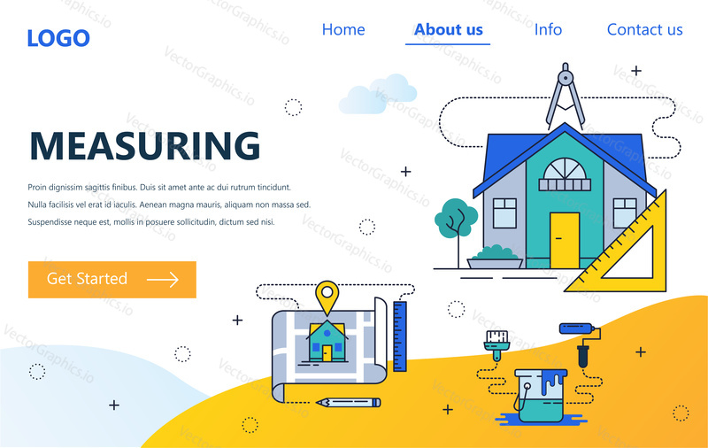 Vector web site linear art design template. House construction building plan and measuring. Landing page concepts for website and mobile development. Modern flat illustration