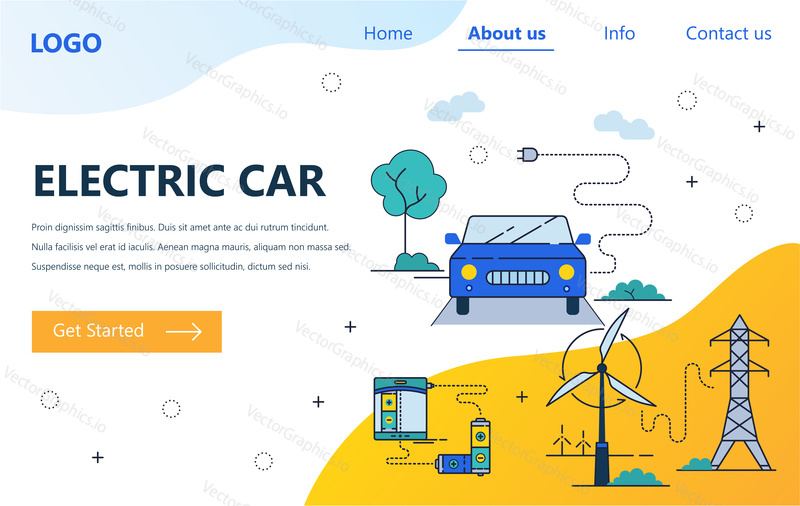 Vector web site linear art design template. Electric car and wind turbine power source. Landing page concepts for website and mobile development. Modern flat illustration
