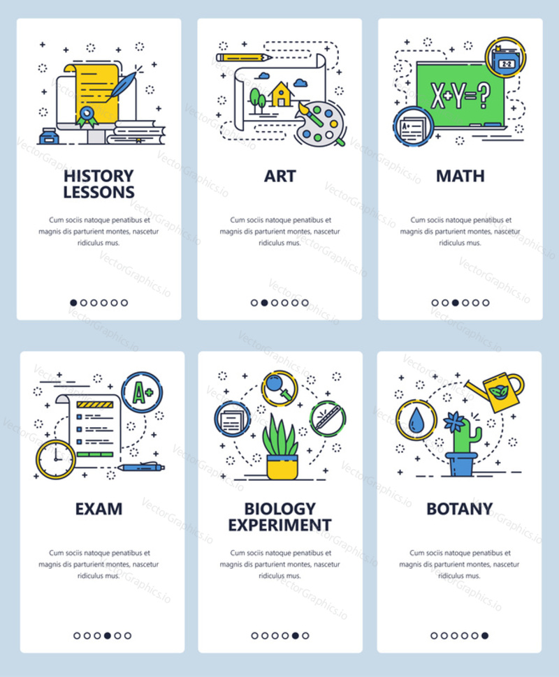 Vector web site linear art onboarding screens template. School education subjects. History, art, math, biology tests and lessons. Menu banners for website and mobile app development