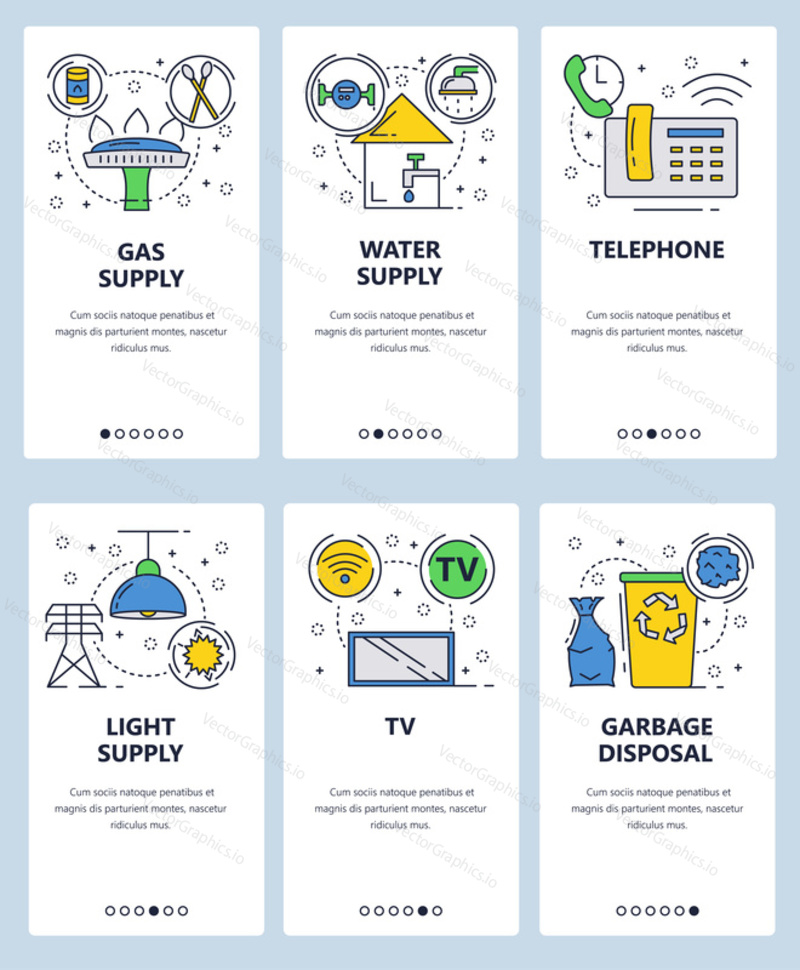 Vector web site linear art onboarding screens template. House utilities and services. Gas, water and electricity supply. Menu banners for website and mobile app development.