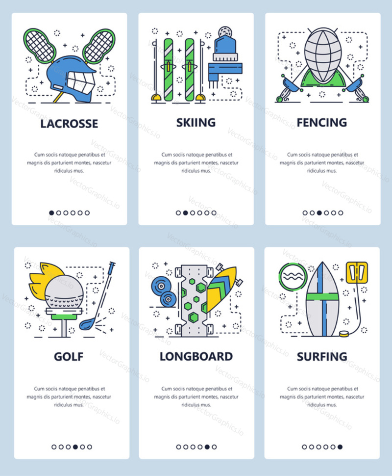 Vector web site linear art onboarding screens template. Professional sport icons, lacrosse, golf, skiing, fencing, longboard and surfing. Menu banners for website and mobile app development.
