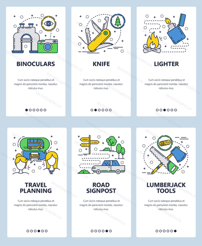 Vector web site linear art onboarding screens template. Travel planning and outdoor camping vacation. Binoculars, knife, lighter and lumberjack tools. Menu banners for website and mobile app development.