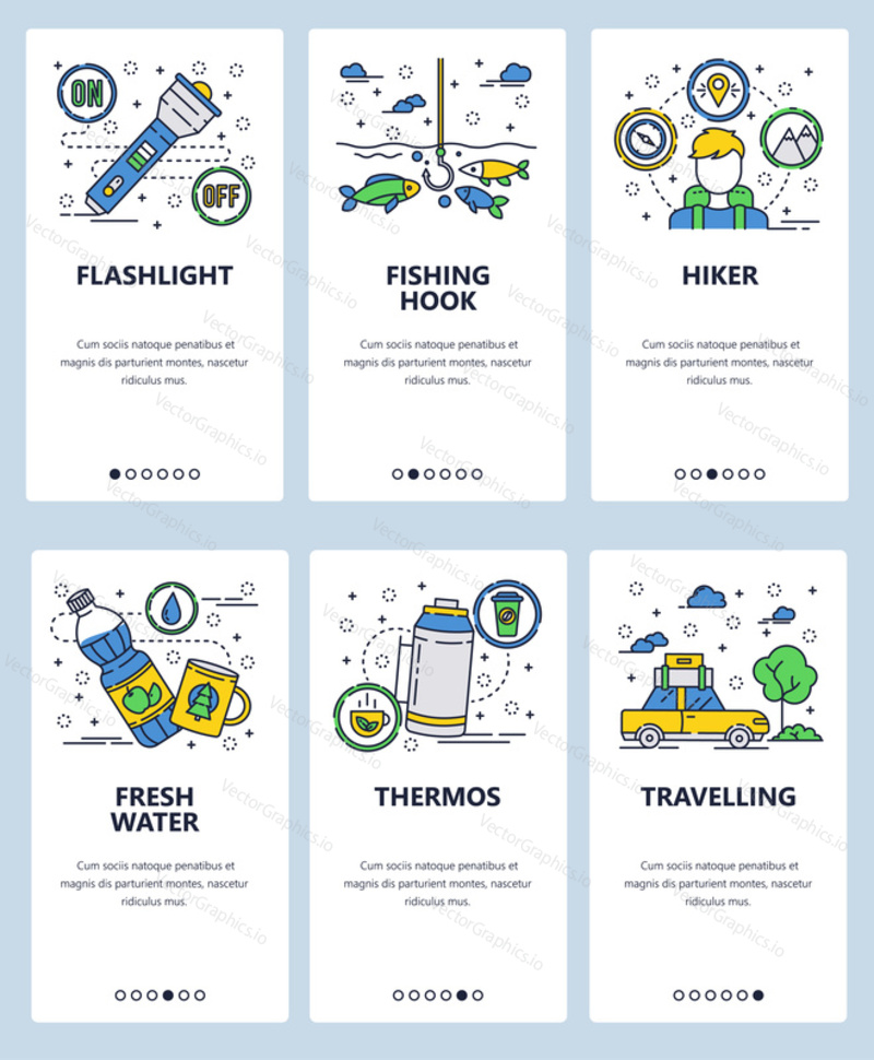 Vector web site linear art onboarding screens template. Outdoor camping, hiking and fishing icons. Flashlight, thermos, water bottle. Menu banners for website and mobile app development.