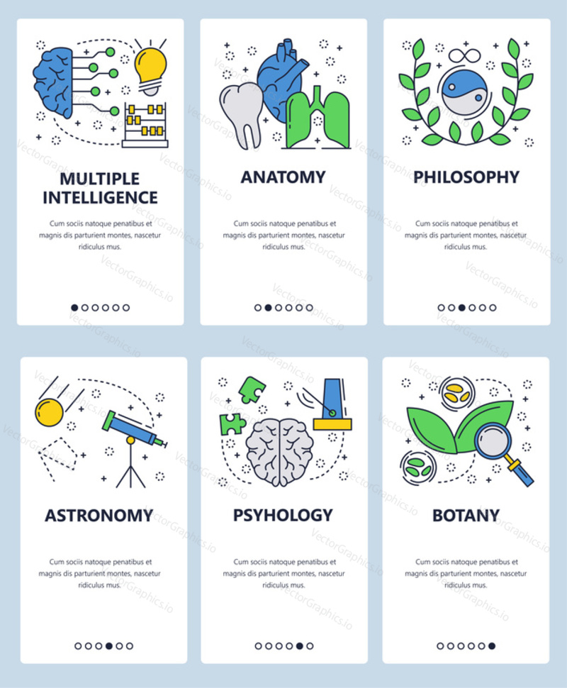 Vector web site linear art onboarding screens template. School and science subjects, anatomy, phylosophy, astronomy, botany. Menu banners for website and mobile app development.