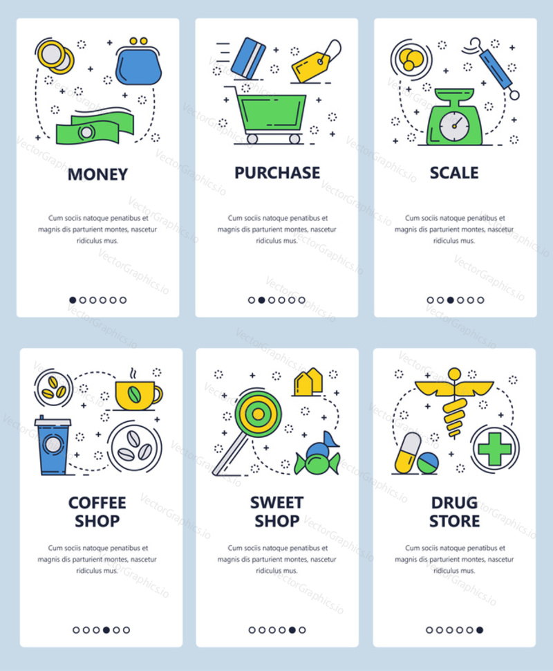 Vector web site linear art onboarding screens template. Shopping and money icons, drug store, candy and coffee. Menu banners for website and mobile app development.
