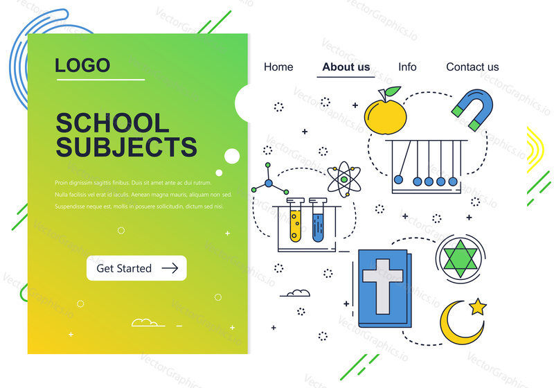 Vector web site linear art design template. School education subjects. chemistry, physics, religion. Landing page concepts for website and mobile development. Modern flat illustration