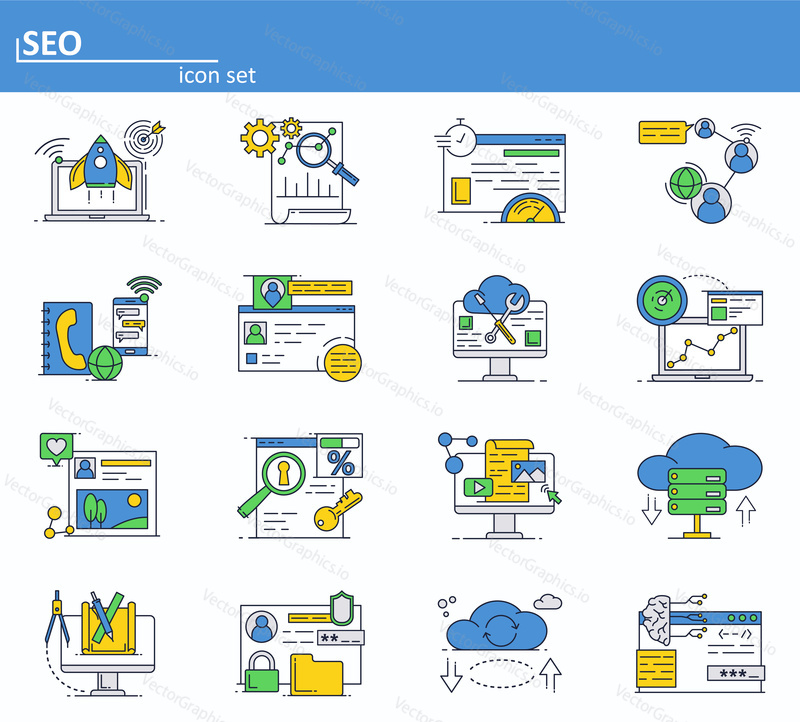 Vector set of SEO optimization and digital internet marketing. Online services, cloud storage and social media networks. icons in thin line style. Website UI and mobile web app icon.