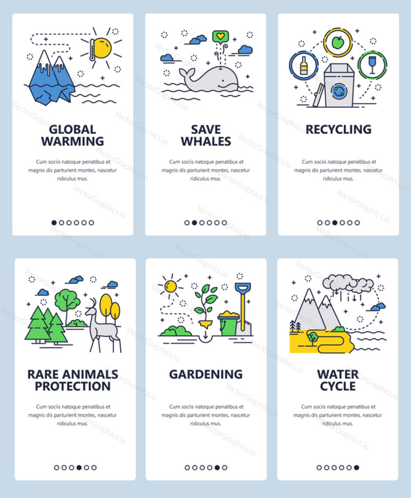 Vector web site linear art onboarding screens template. Global warking, save wild animals, pollution and ecology problems. Menu banners for website and mobile app development.
