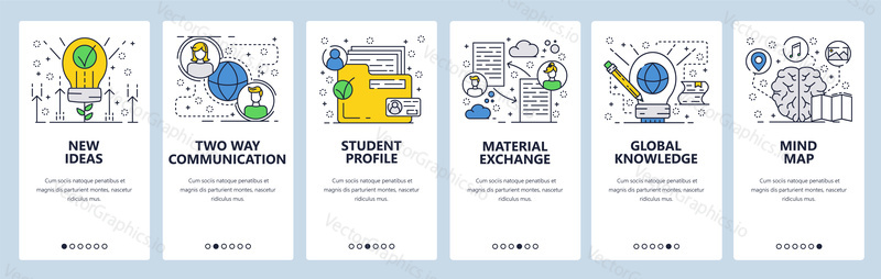 Vector web site linear art onboarding screens template. New eco ideas, people communication, profile folder, documents exchange and knowledge mind map. Menu banners for website and mobile app development