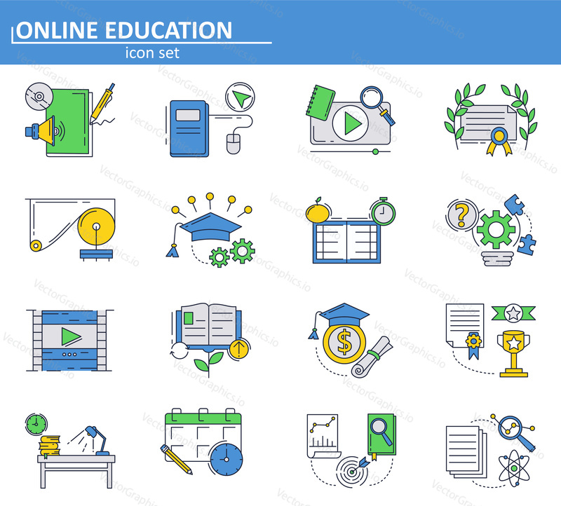 Vector set of Online education icons in thin line style. School and college online tutorials and courses. E-learning. Website UI and mobile web app icon