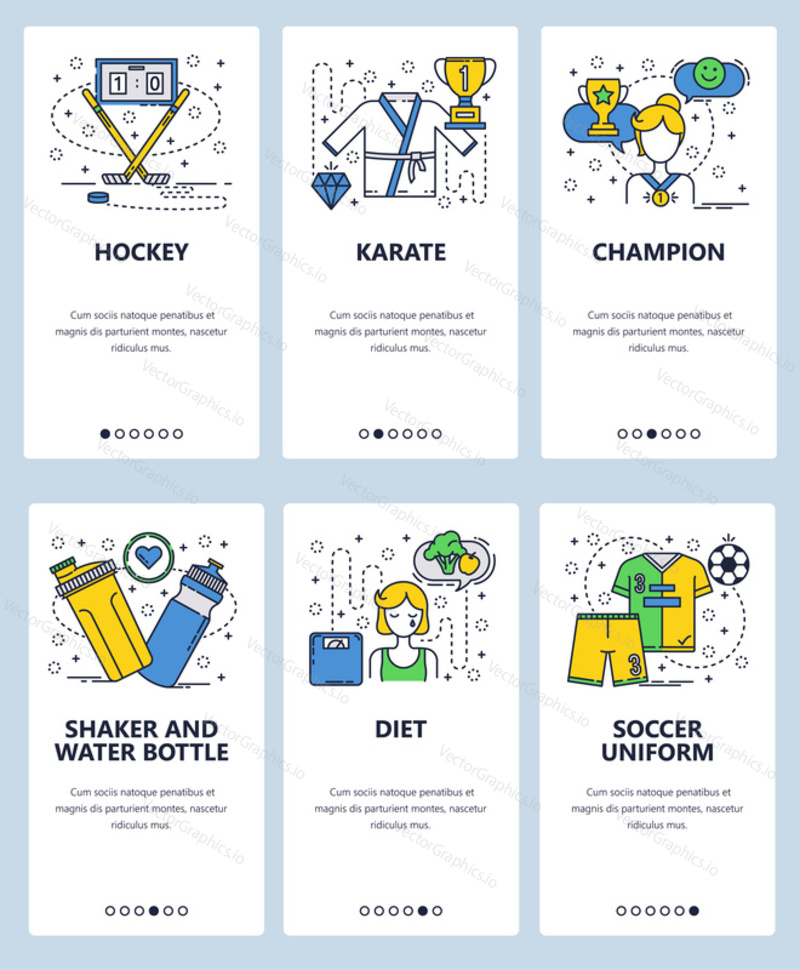 Vector web site linear art onboarding screens template. Professional sport, ice hockey, karate, football. Fitness diet and supplement food. Menu banners for website and mobile app development