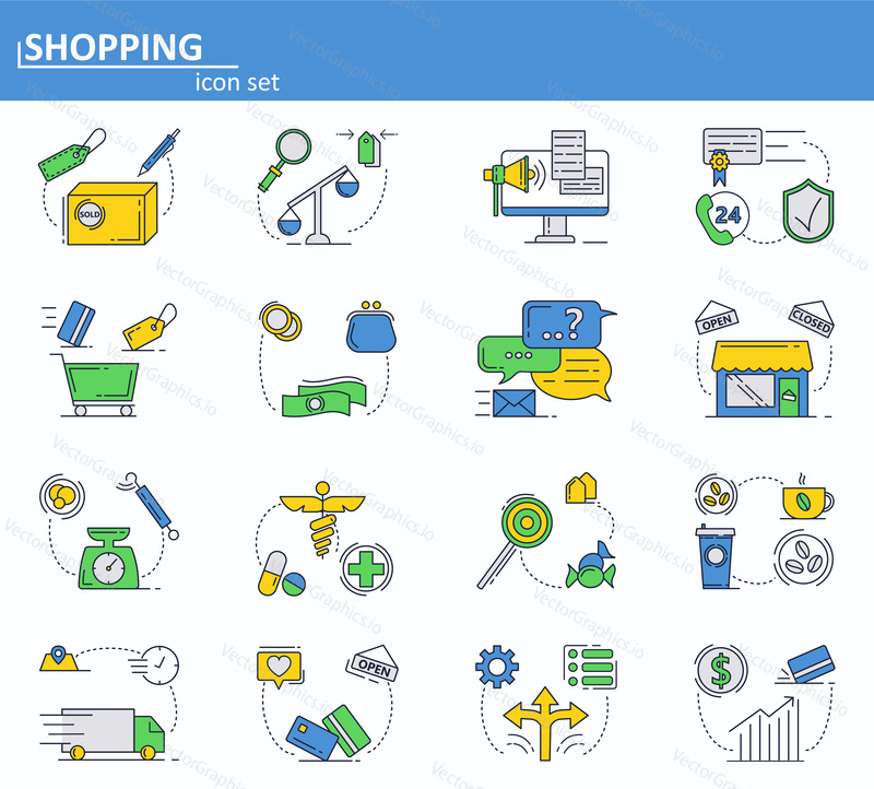 Vector set of online shopping, delivery and internet store support service icons in thin line style. Website UI and mobile web app icon. Outline design illustration