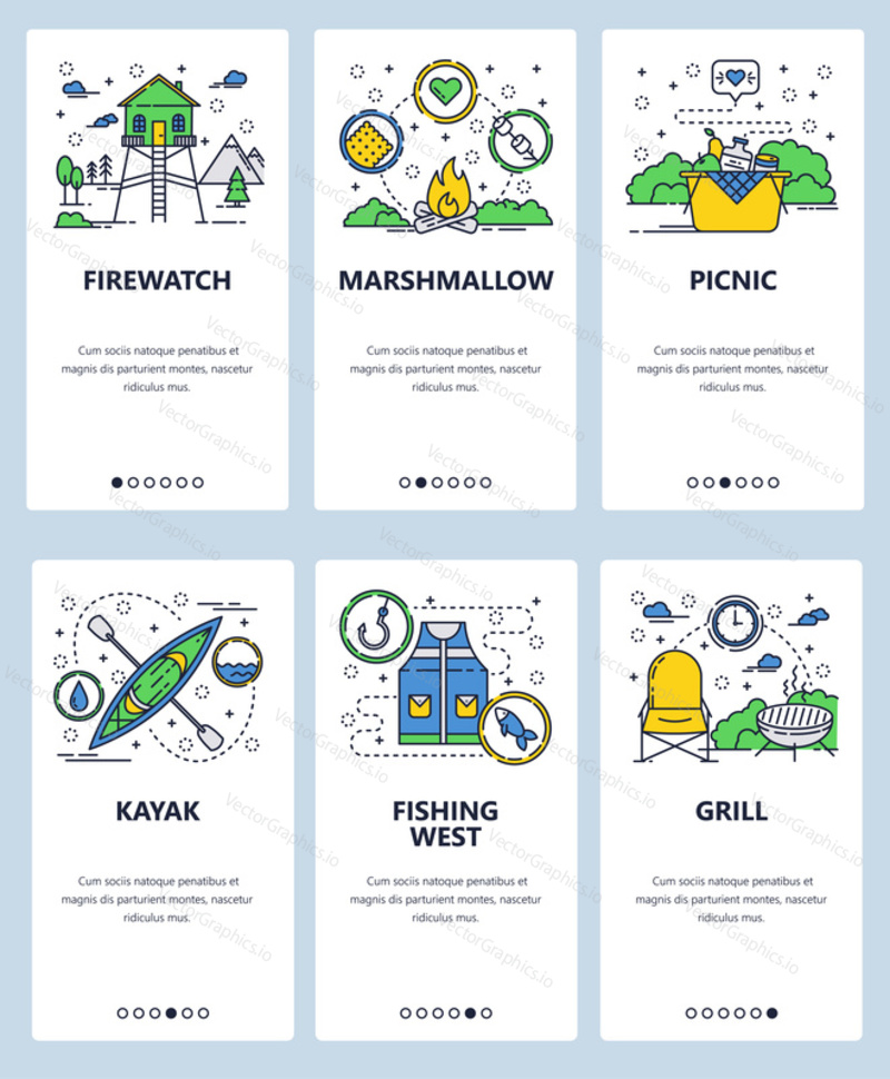 Vector web site linear art onboarding screens template. Outdoor camping, picnic and sport activities icons. Fishing, kayaking. Menu banners for website and mobile app development.