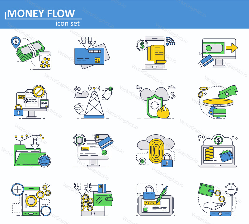 Vector set of online money payments and finance saving icons in thin line style. Secure internet credit card transaction. Website UI and mobile web app icon. Outline design illustration