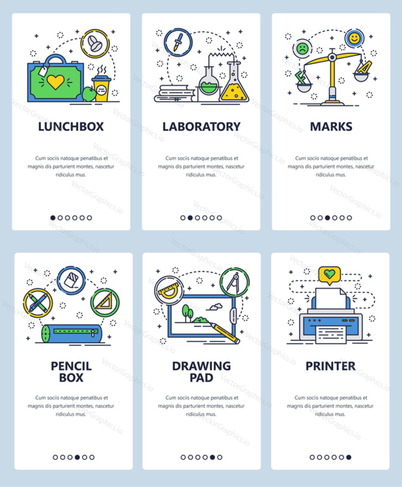 Vector web site linear art onboarding screens template. School accessories and icons. Chemistry lab, test grades, printer. Menu banners for website and mobile app development.