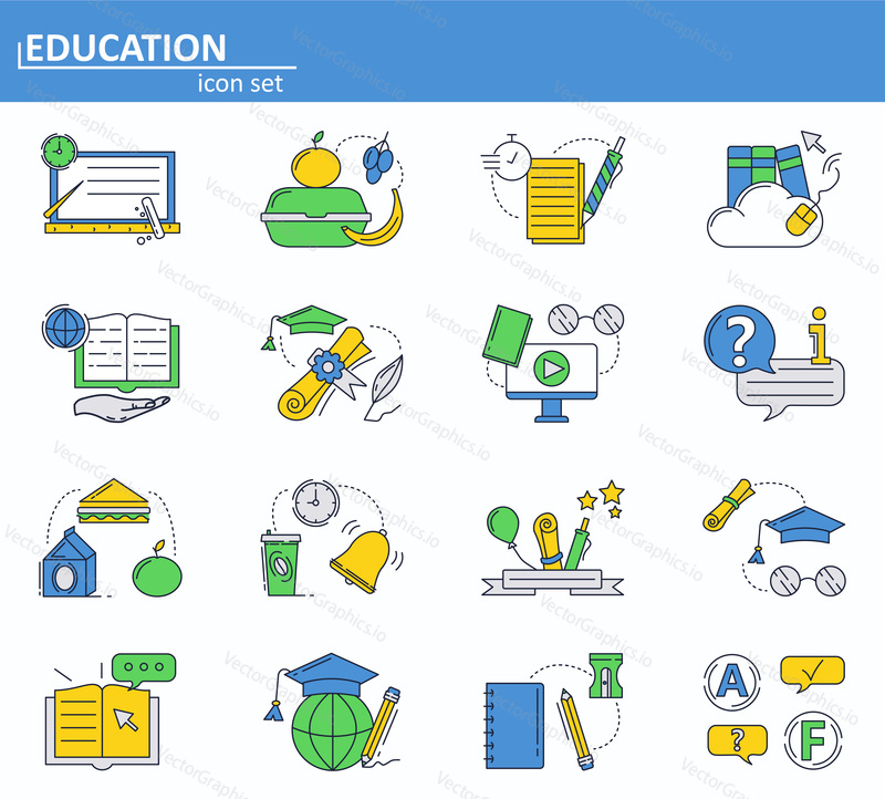 Vector set of School education icons in thin line style. School lunch break. Website UI and mobile web app icon. Outline design illustration