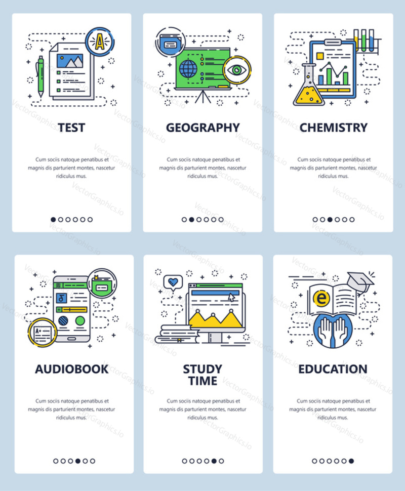 Vector web site linear art onboarding screens template. School education, geography, chemistry. Exam score. Audio book. Menu banners for website and mobile app development.