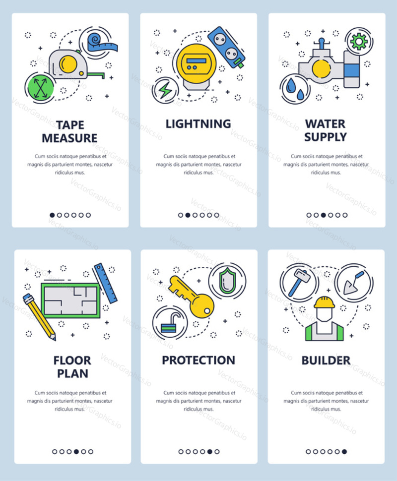 Vector web site linear art onboarding screens template. House utilities, construction worker, floor plan and electricity utilities. Menu banners for website and mobile app development.