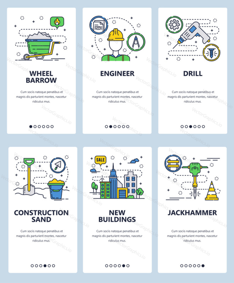 Vector web site linear art onboarding screens template. Building counstuction industry. Hardware tools, drill, jackhammer, wheel barrow. Menu banners for website and mobile app development.