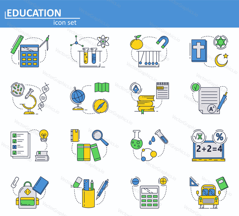 Vector set of School education icons in thin line style. Physics, chemistry, biology and other subjects. Website UI and mobile web app icon. Outline design illustration