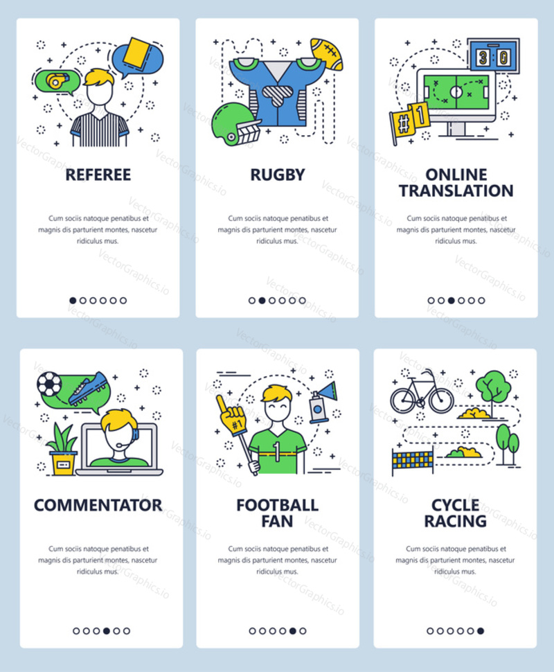 Vector web site linear art onboarding screens template. Proffesional sport referee, commentator and fan. Football and rugby game. Bike cycle race. Menu banners for website and mobile app development.