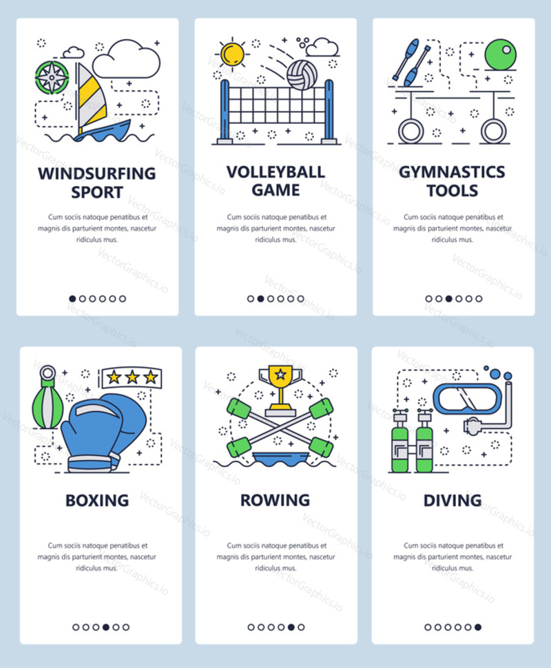 Vector web site linear art onboarding screens template. Sport icons, volleyball, canoeing, windsurfing, scuba diving and boxing. Menu banners for website and mobile app development. Modern design flat illustration