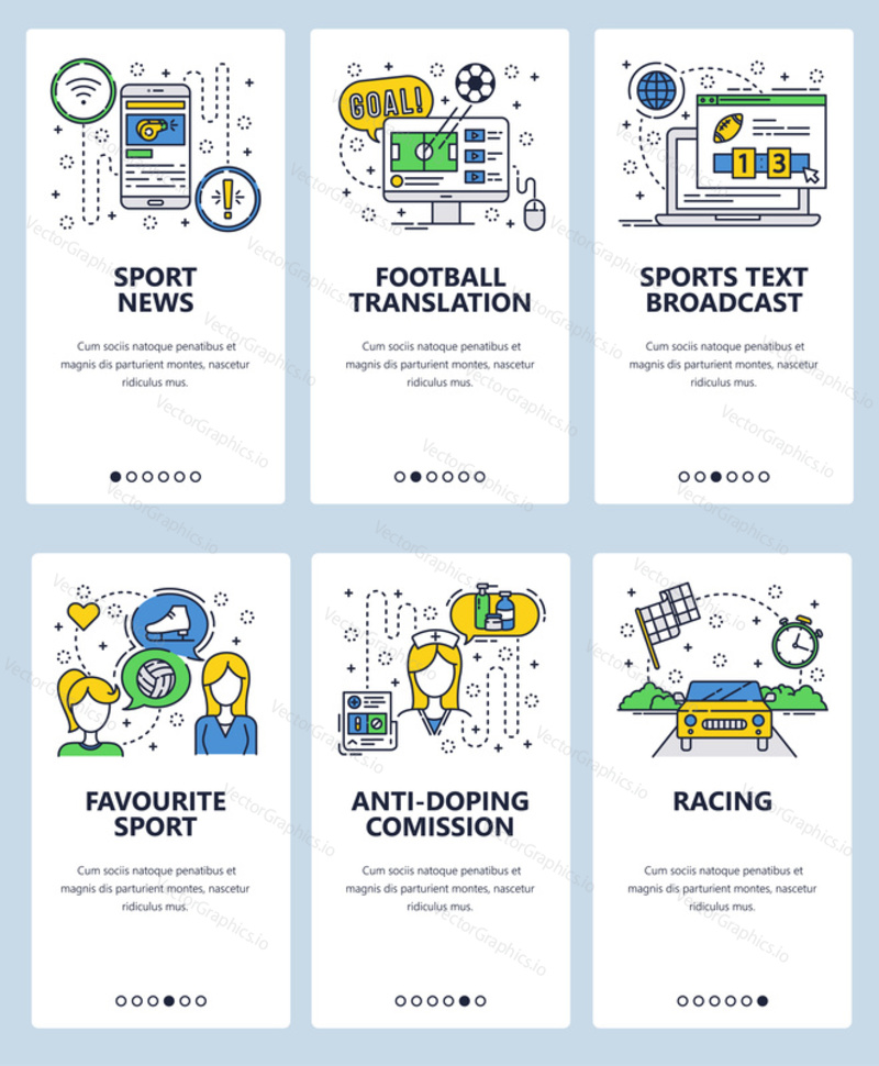 Vector web site linear art onboarding screens template. Sport news and online tv broadcast. Favourite sport and anti-doping comission. Menu banners for website and mobile app development.