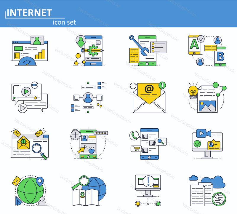 Vector set of Internet online services icons in thin line style. Cyber security, email and social media network. Website UI and mobile web app icon.