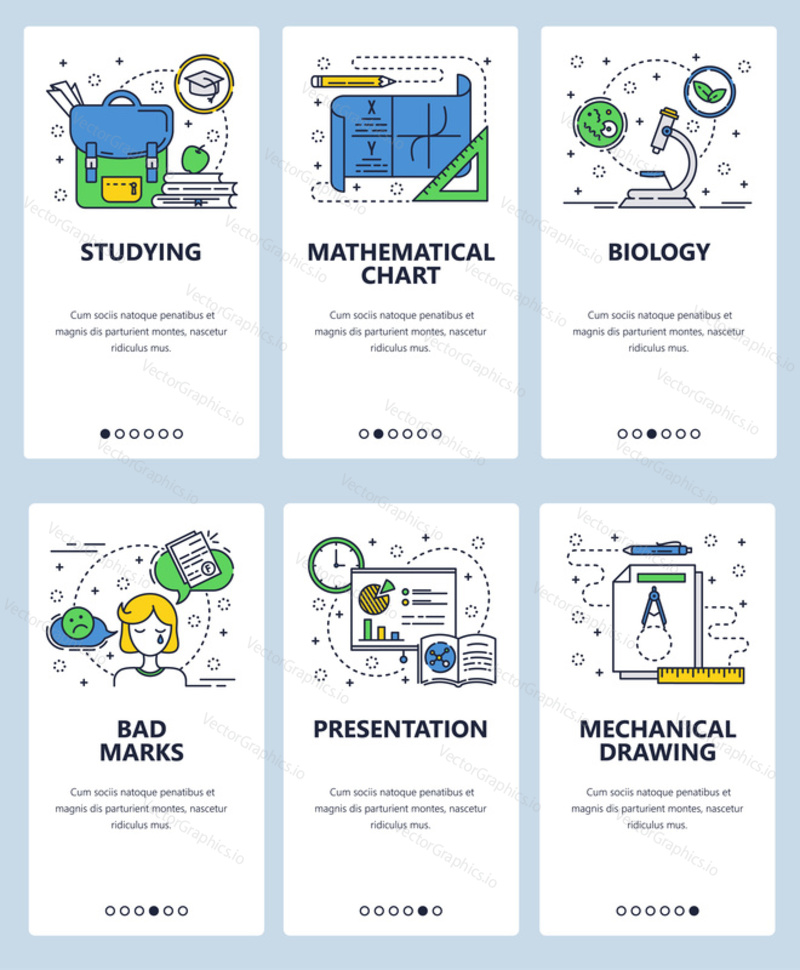 Vector web site linear art onboarding screens template. School education, presentation, math chart, school bag, drawing and test results. Menu banners for website and mobile app development