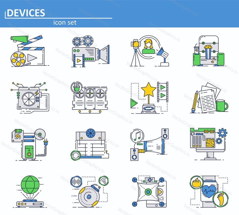 Vector set of computer hardware devces and movie production icons in thin line style. Website UI and mobile web app icon. Outline design illustration