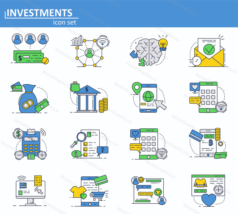 Vector set of digital money services, finance and bank icons in thin line style. Investment and onlne payments. Website UI and mobile web app icon