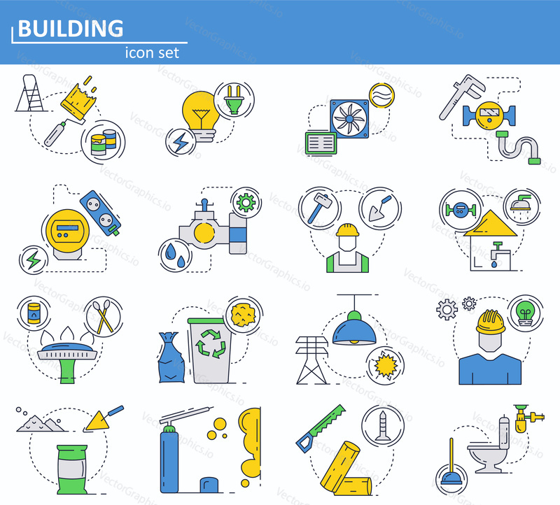 Vector set of construction and building materials icons in thin line style. House utilities, water, gas, electricity. Website UI and mobile web app icon