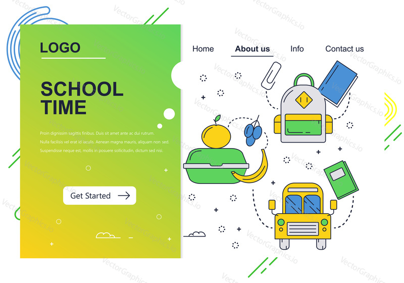 Vector web site linear art design template. School bus and lunch break. School backpack. Landing page concepts for website and mobile development. Modern flat illustration