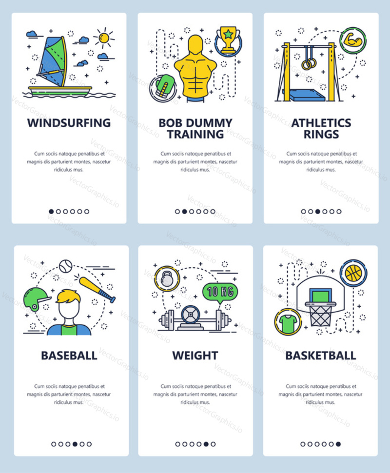 Vector web site linear art onboarding screens template. Sport icons, basketball, baseball, windsurfing, fitness. Menu banners for website and mobile app development.