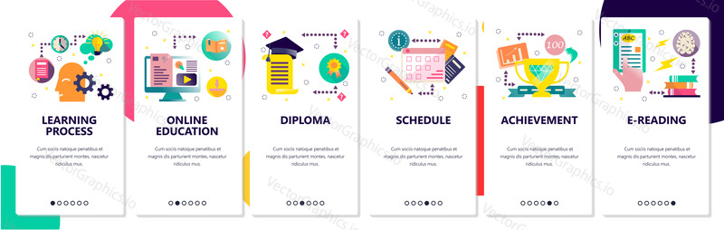 Web site onboarding screens. Online education and learning process. Menu vector banner template for website and mobile app development. Modern design flat illustration