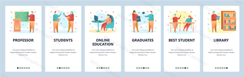 Web site onboarding screens. College education and university students. Menu vector banner template for website and mobile app development. Modern design flat illustration