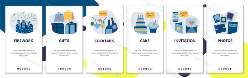 Web site onboarding screens. Holiday celebration and birthday party. Fireworks, cake, gifts and drinks. Menu vector banner template for website and mobile app development. Modern design flat illustration