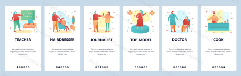 Web site onboarding screens. People of different professions, teacher, doctor, chef. Menu vector banner template for website and mobile app development. Modern design flat illustration