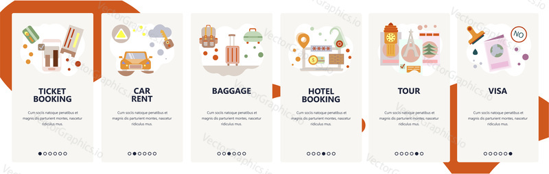 Web site onboarding screens. Travel planning,. Menu vector banner template for website and mobile app development. Modern design flat illustration.