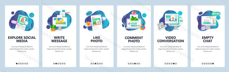 Web site onboarding screens. Social media services, online chat and dating profiles. Menu vector banner template for website and mobile app development. Modern design flat illustration