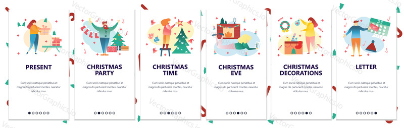 Web site onboarding screens. Merry Christmas and new year celebration. Winter holiday decoration. Menu vector banner template for website and mobile app development. Modern design flat illustration