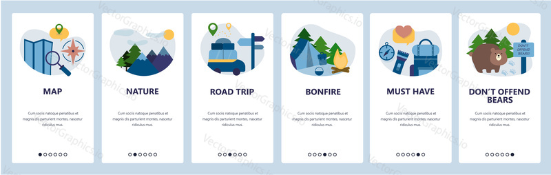 Web site onboarding screens. Outdoor travel, hiking and camping. Menu vector banner template for website and mobile app development. Modern design flat illustration