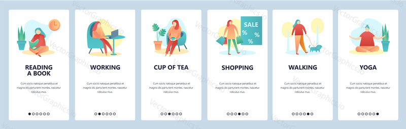 Web site onboarding screens. Hobby and leisure activity. Reading, walking, yoga, shopping. Menu vector banner template for website and mobile app development. Modern design flat illustration